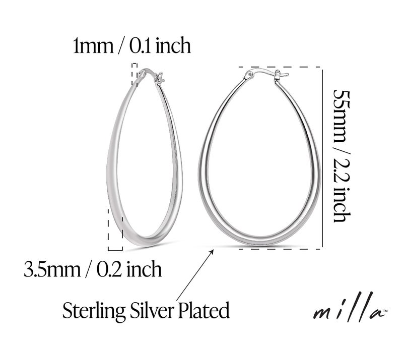 MILLA Oval Hoop Earrings - 14K Gold Plated, Rose Gold Plated and Sterling Silver Plated Hoop Earrings for Women - Hypoallergenic & Lightweight (Sterling Silver Plated/ 55 mm / 2.2 inches) - Image 3